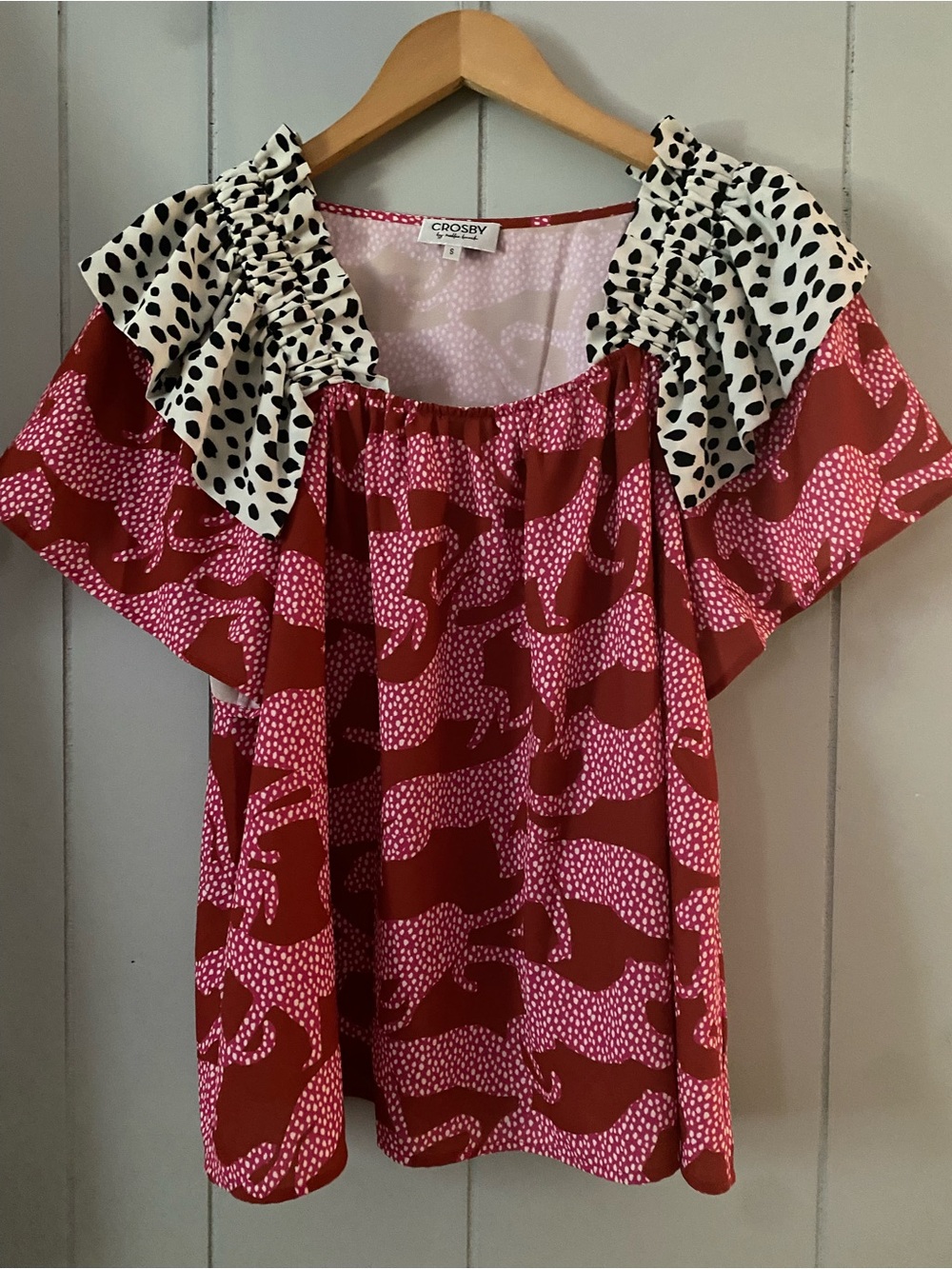 Crosby Red & Pink Polka Dot Ruffle Neck Blouse